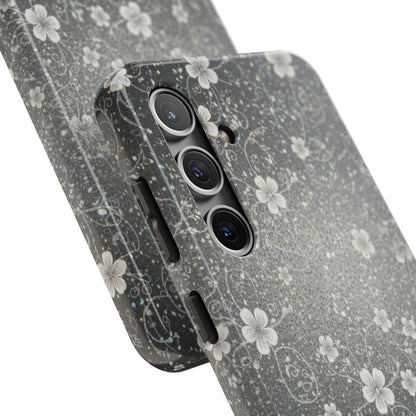 Floral Sparkle Tough Phone Case — Black & Silver Vintage Blossom