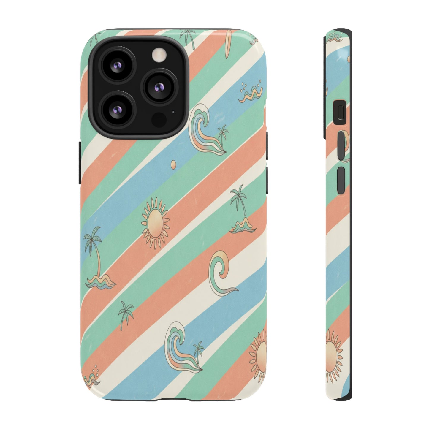 Retro Beach Stripes Phone Case — Sun, Waves & Palm Pattern Tough Case