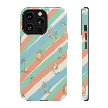 Retro Beach Stripes Phone Case — Sun, Waves & Palm Pattern Tough Case
