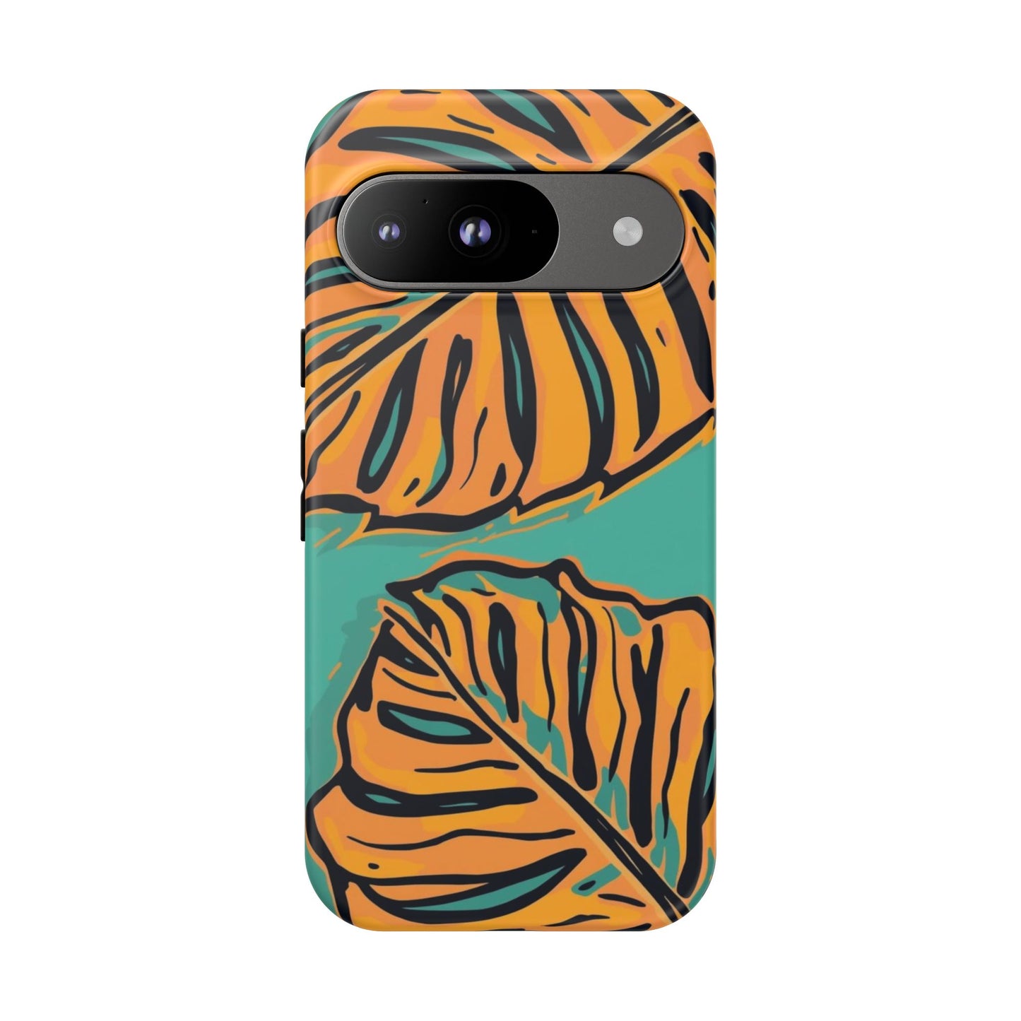 Tropical Leaf Tough Phone Case — Orange Monstera Design on Teal