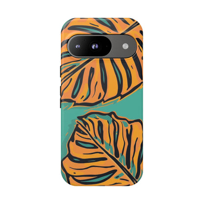 Tropical Leaf Tough Phone Case — Orange Monstera Design on Teal
