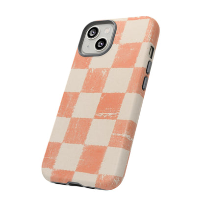 Peach Checkerboard Tough Phone Case — Retro Distressed Grid Design