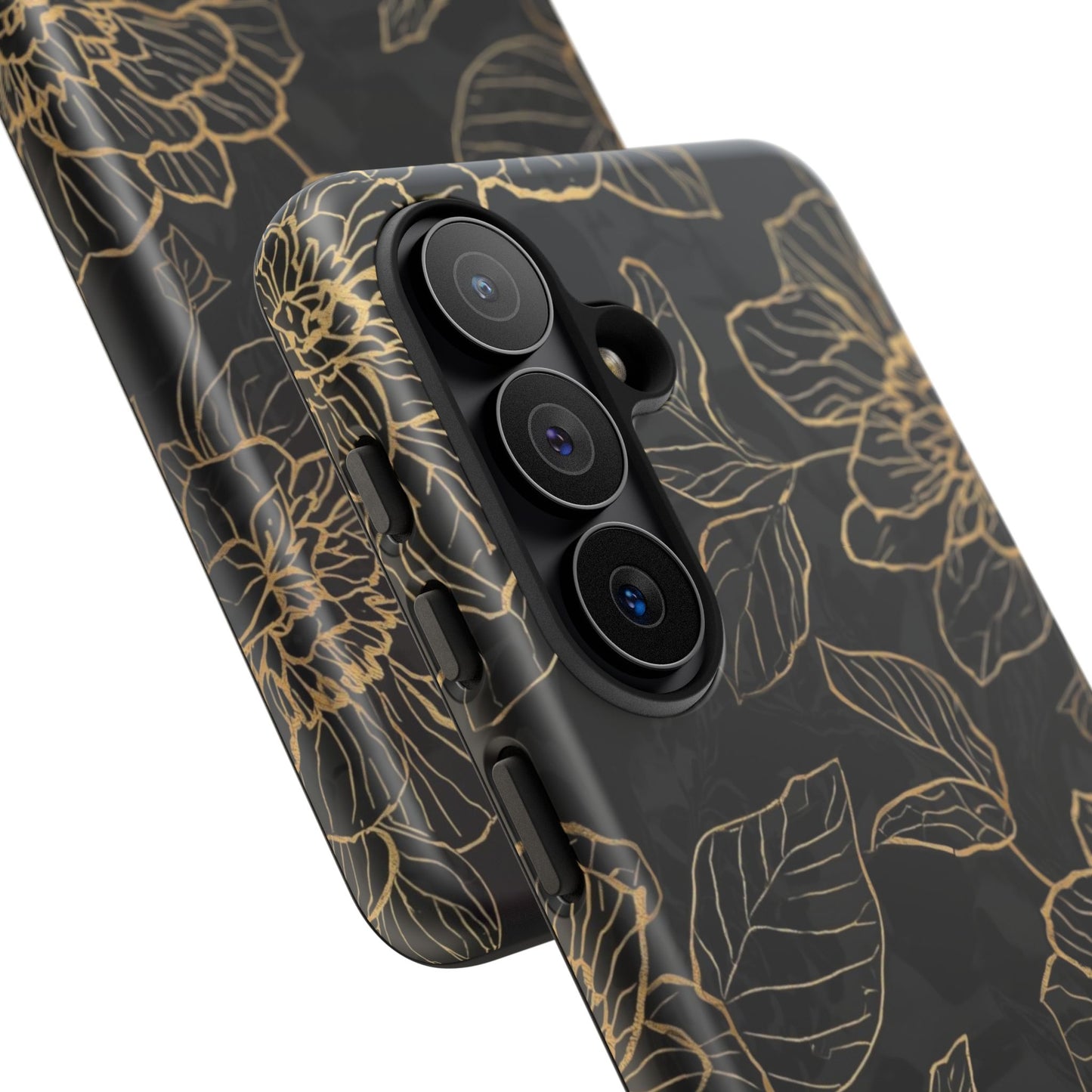 Floral Gold Outline Tough Phone Case – Black Botanical Protective Cover