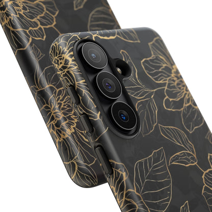 Floral Gold Outline Tough Phone Case – Black Botanical Protective Cover