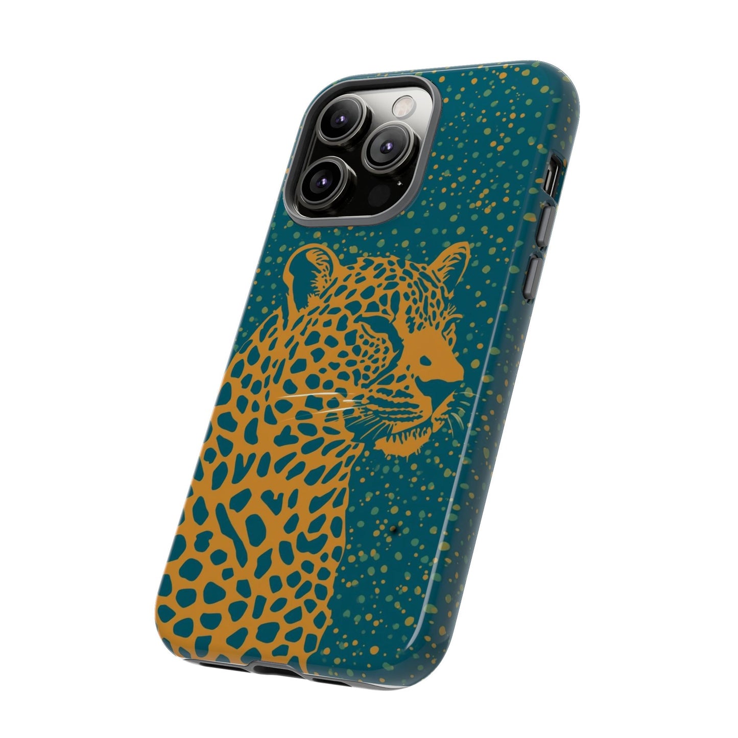 Leopard Spotlight Phone Case — Teal Gold Animal Print Protective Cover