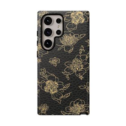 Floral Leather Phone Case — Gold Outline Flowers on Black Tough Case