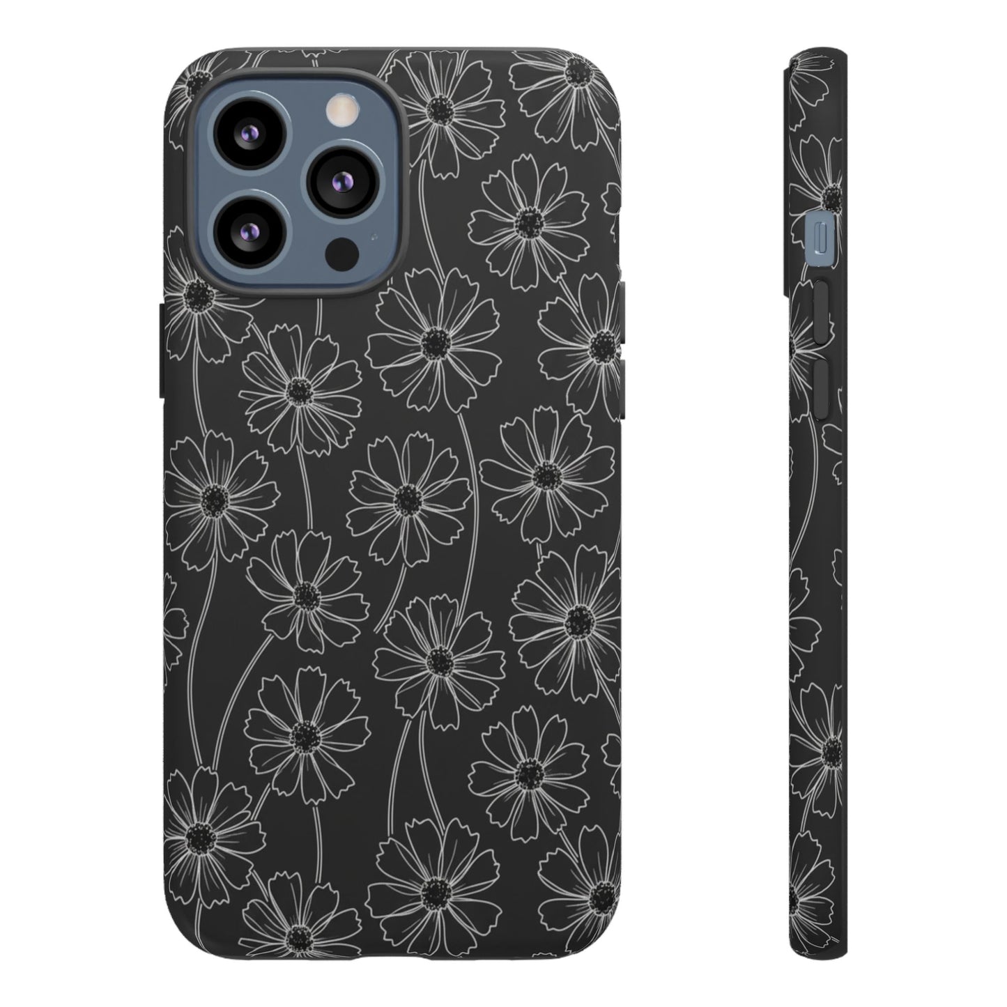 Floral Doodle Tough Phone Case — Black & Gray Daisy Pattern