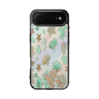 Clear Magnetic Phone Case — Iridescent Ocean Shells & Coral Design