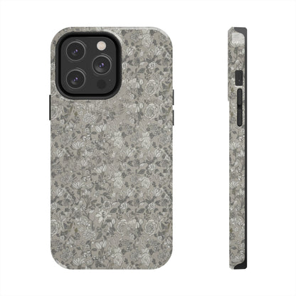 Gray Floral Tough Phone Case — Durable Protective Phone Cover with Vintage Botanical Pattern
