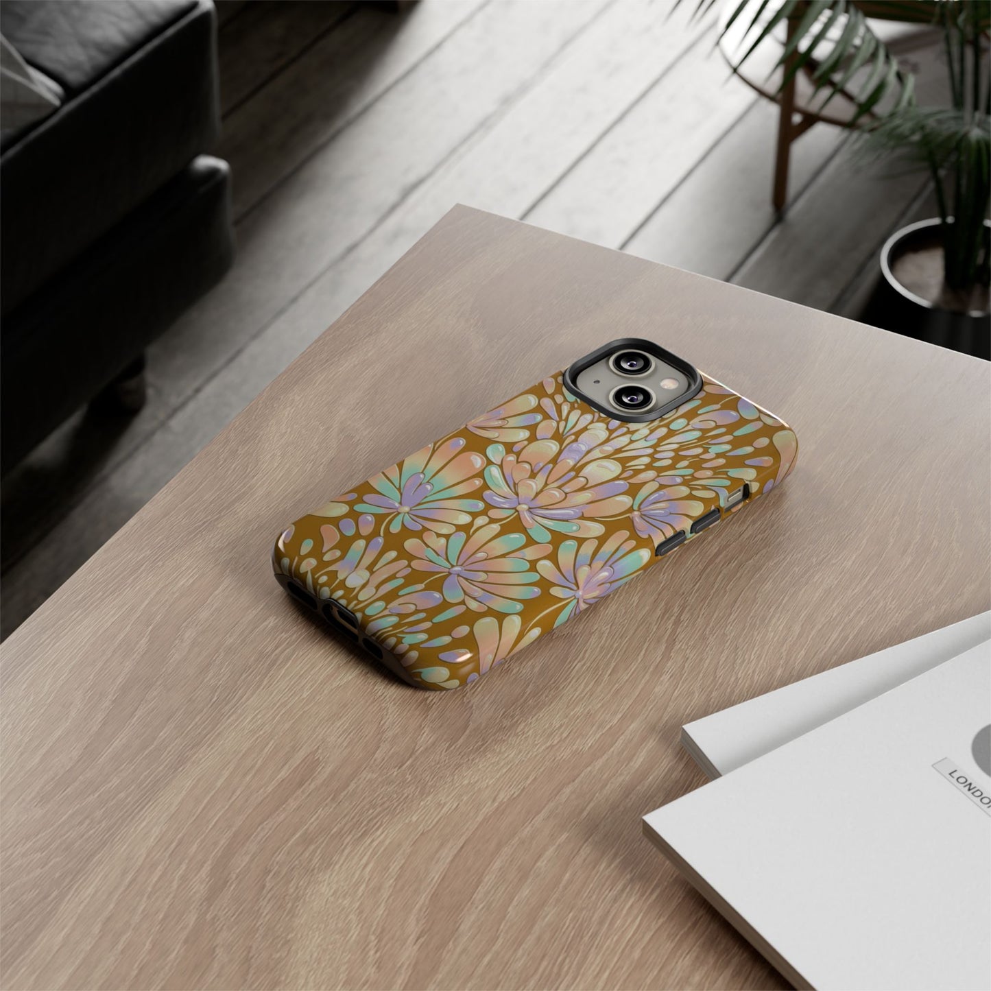 Floral Burst Tough Phone Case – Gold Pastel Botanical Protection