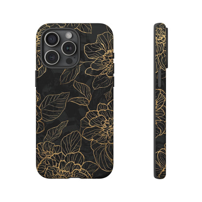 Floral Gold Outline Tough Phone Case – Black Botanical Protective Cover