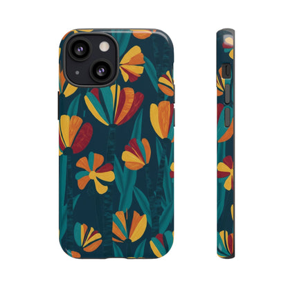 Floral Retro Teal Tough Phone Case — Vibrant Orange & Mustard Blooms