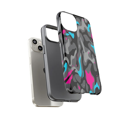 Camouflage Phone Case — Gray Camo with Neon Pink & Cyan Accent Tough Protective Cover