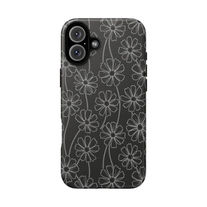 Floral Doodle Tough Phone Case — Black & Gray Daisy Pattern