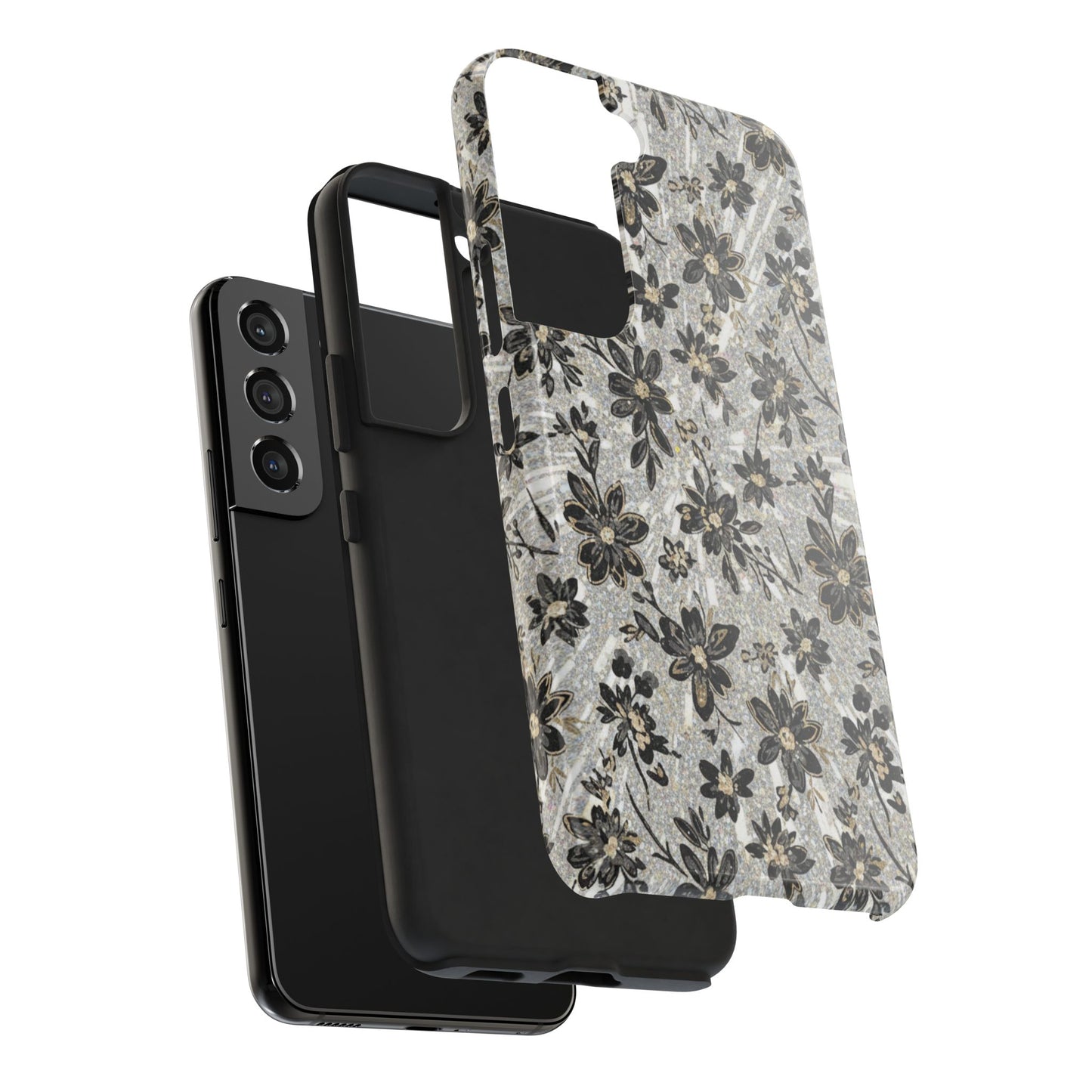 Floral Vintage Tough Phone Case — Black & Gray Rustic Flower Protective Case
