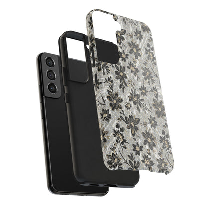Floral Vintage Tough Phone Case — Black & Gray Rustic Flower Protective Case