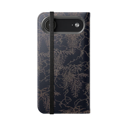 Botanical Noir Flip Phone Case — Dark Floral Wallet Cover with Card Slots