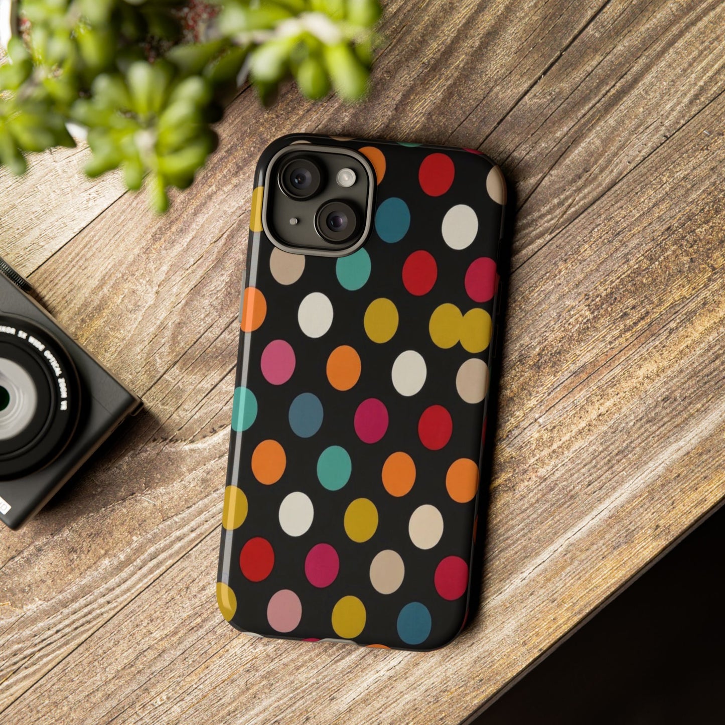 Polka Dot Tough Phone Case – Colorful Retro Dots on Black