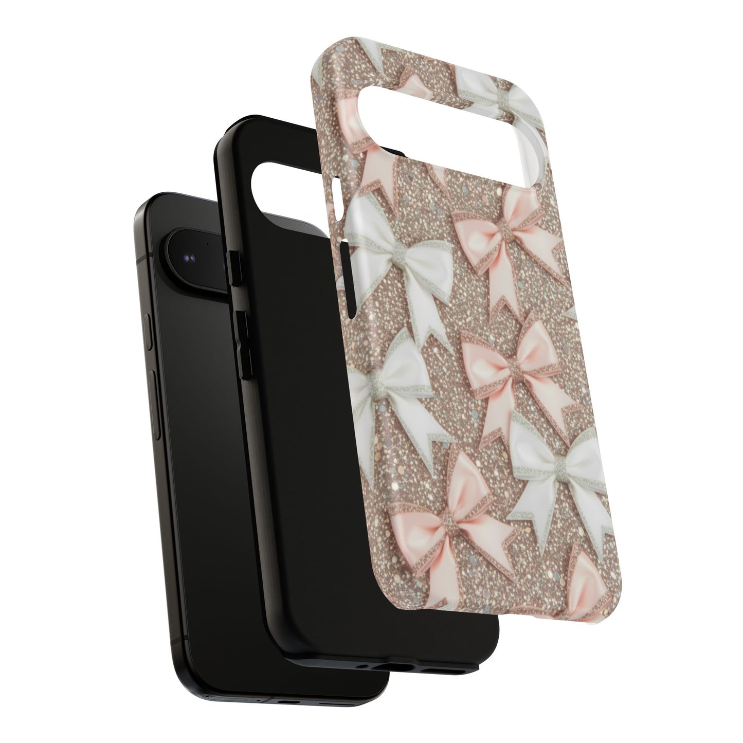 Glitter Bow Tough Phone Case — Pink & White Ribbon Protective Cover