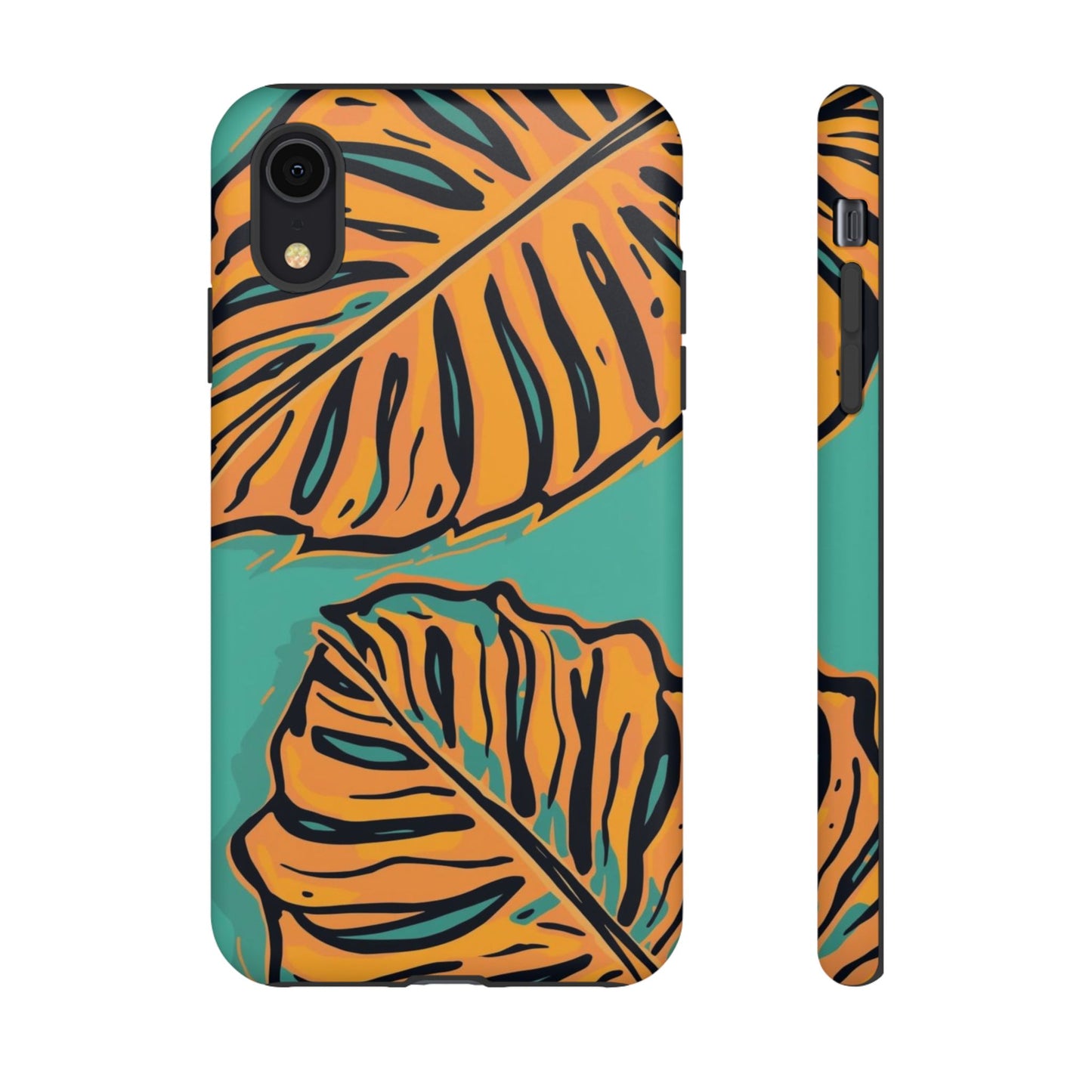 Tropical Leaf Tough Phone Case — Orange Monstera Design on Teal