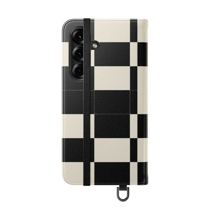 Checkered Flip Phone Case – Black & Cream Retro Grid Wallet Case