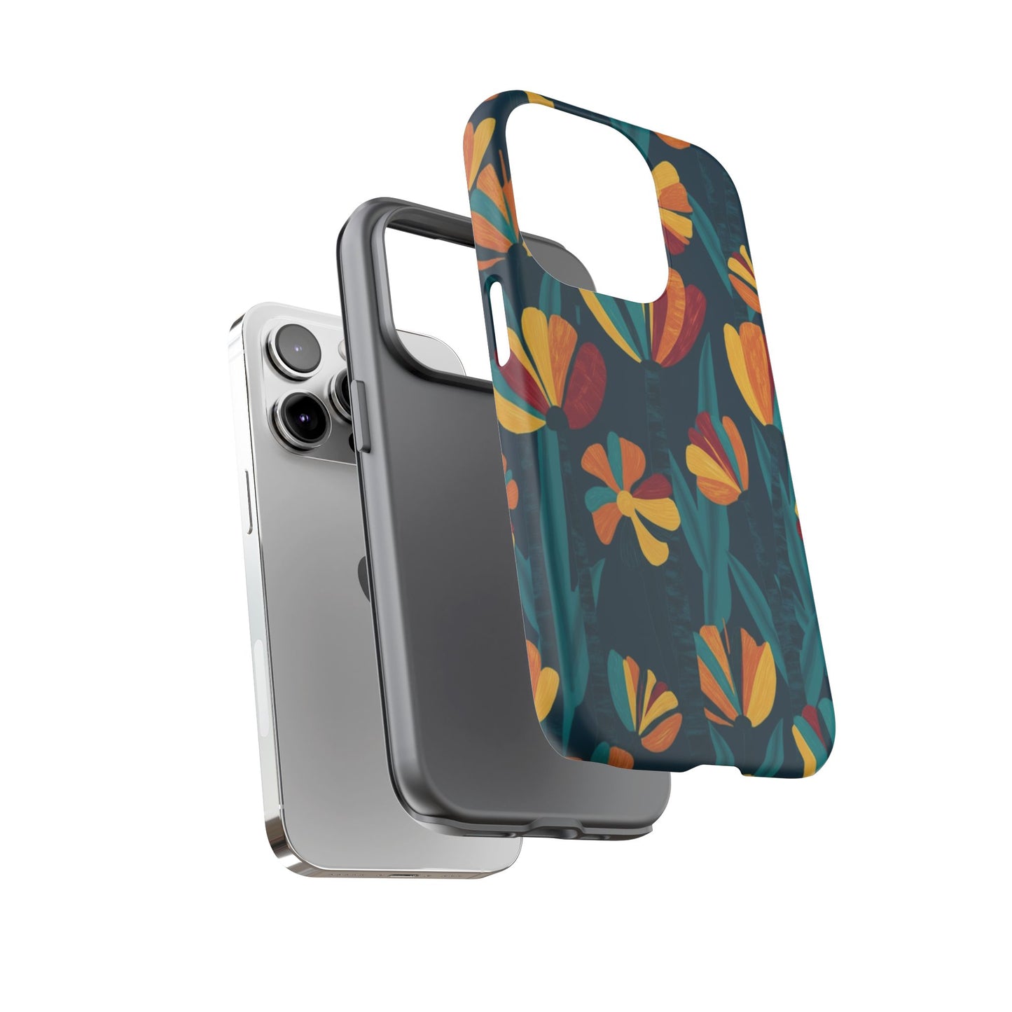 Floral Retro Teal Tough Phone Case — Vibrant Orange & Mustard Blooms
