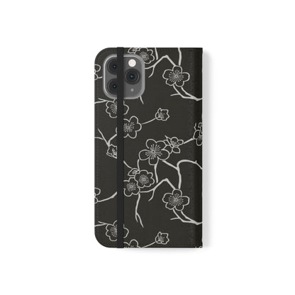 Black Cherry Blossom Flip Phone Case – Floral Wallet Flip Case with Card Slots