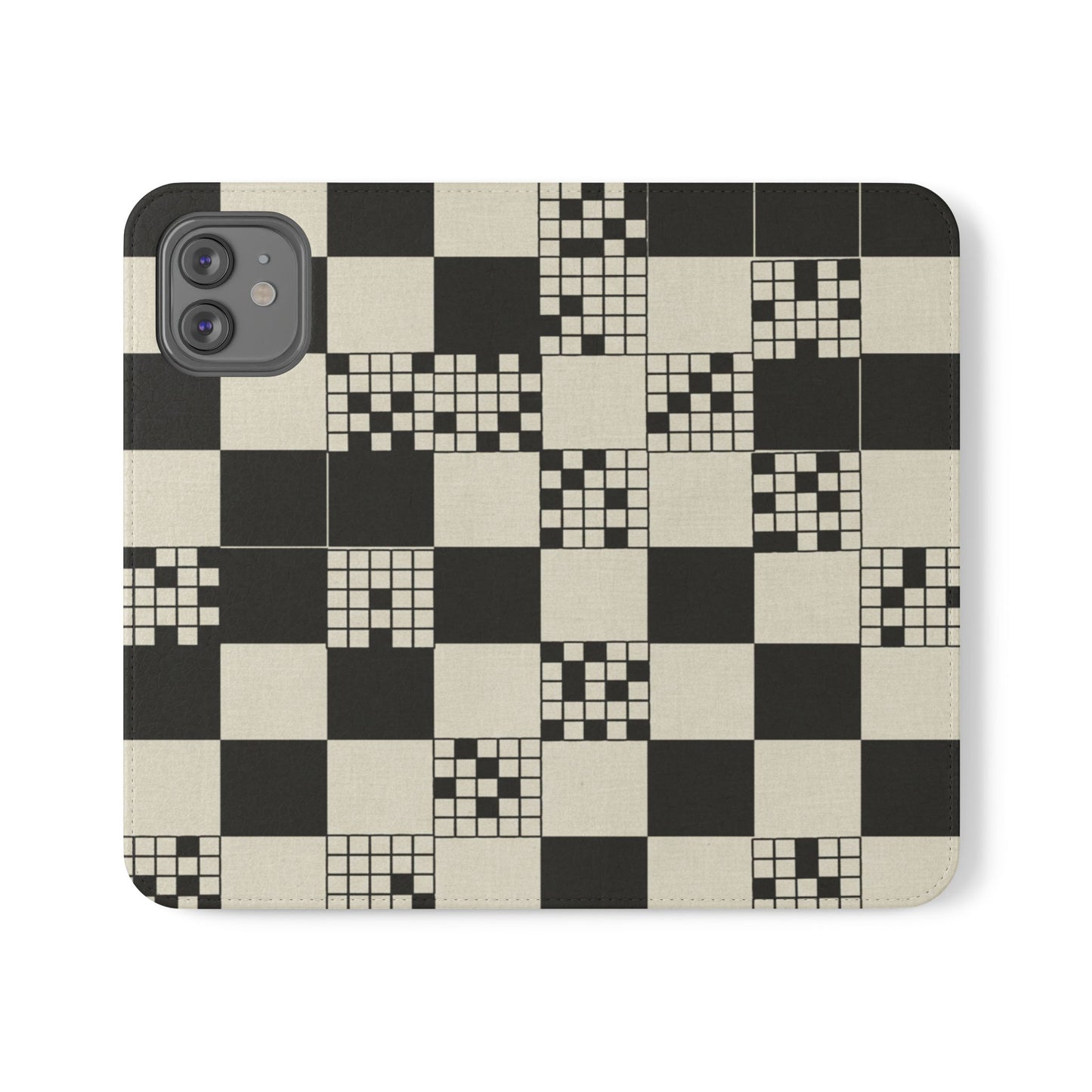 Checkerboard Flip Phone Case – Retro Black & Cream Geometric Wallet Case