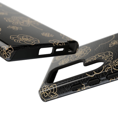 Floral Leather-Texture Tough Case – Black Gold Outline Phone Cover