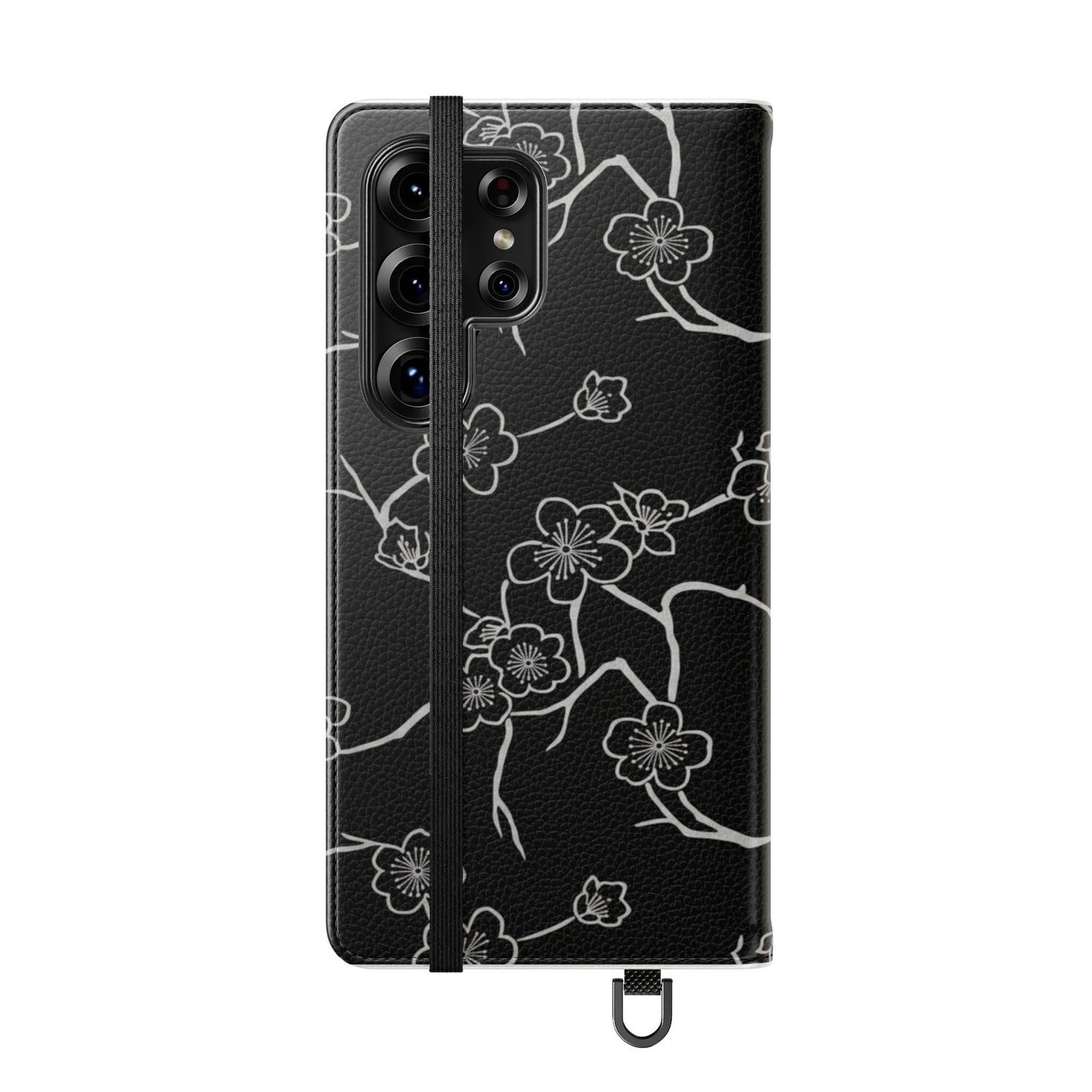 Black Cherry Blossom Flip Phone Case – Floral Wallet Flip Case with Card Slots