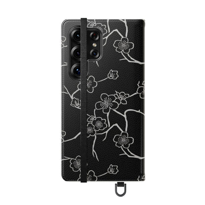 Black Cherry Blossom Flip Phone Case – Floral Wallet Flip Case with Card Slots