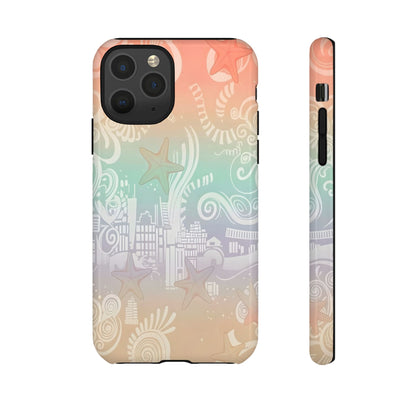 Tough Cases: Pastel Beach Pattern Phone Case — Starfish & Coastal Cityscape Protective Cover
