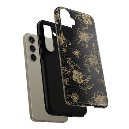 Floral Leather Phone Case — Gold Outline Flowers on Black Tough Case