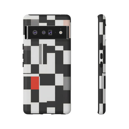 Abstract Geometric Phone Case – Black & White Checker Grid with Red Accent