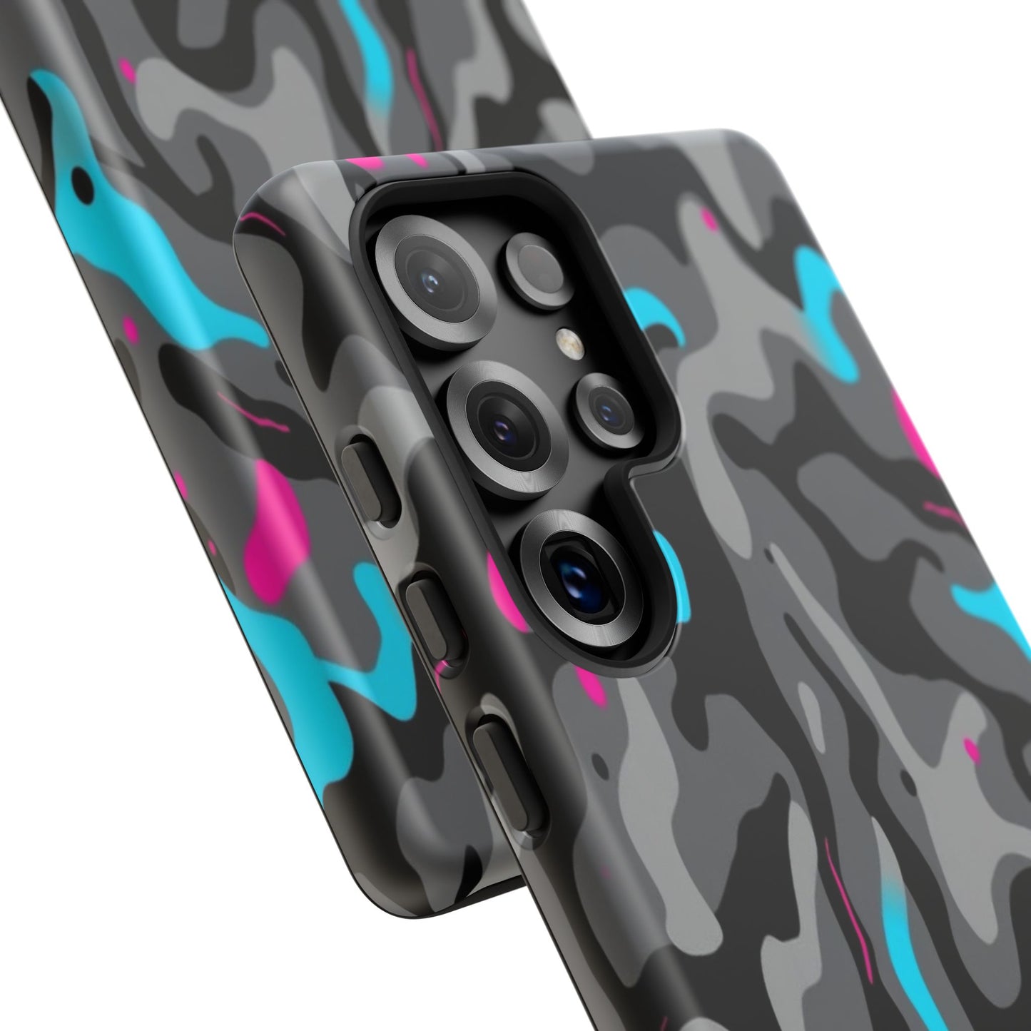 Camouflage Phone Case — Gray Camo with Neon Pink & Cyan Accent Tough Protective Cover