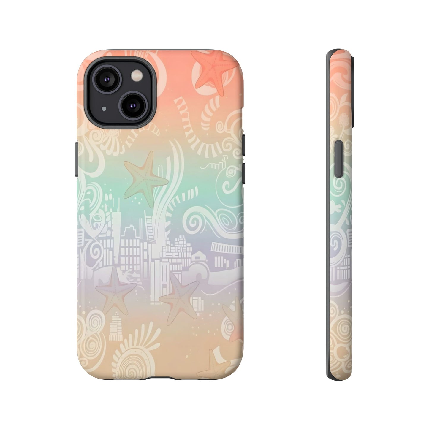 Tough Cases: Pastel Beach Pattern Phone Case — Starfish & Coastal Cityscape Protective Cover