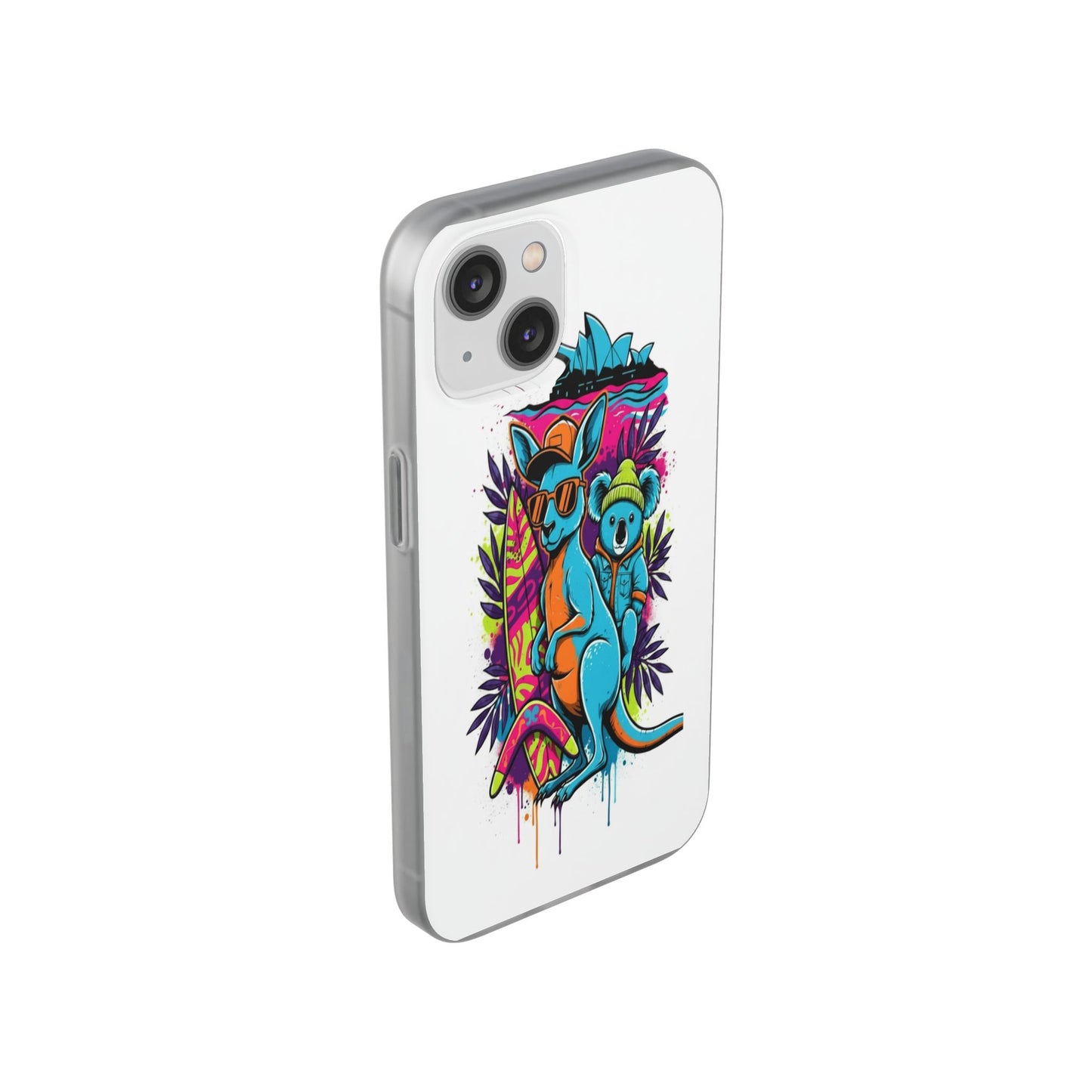 Kangaroo & Koala Surf Phone Case — Neon Aussie Beach Vibes Flexible Case