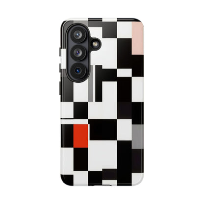 Abstract Geometric Phone Case – Black & White Checker Grid with Red Accent