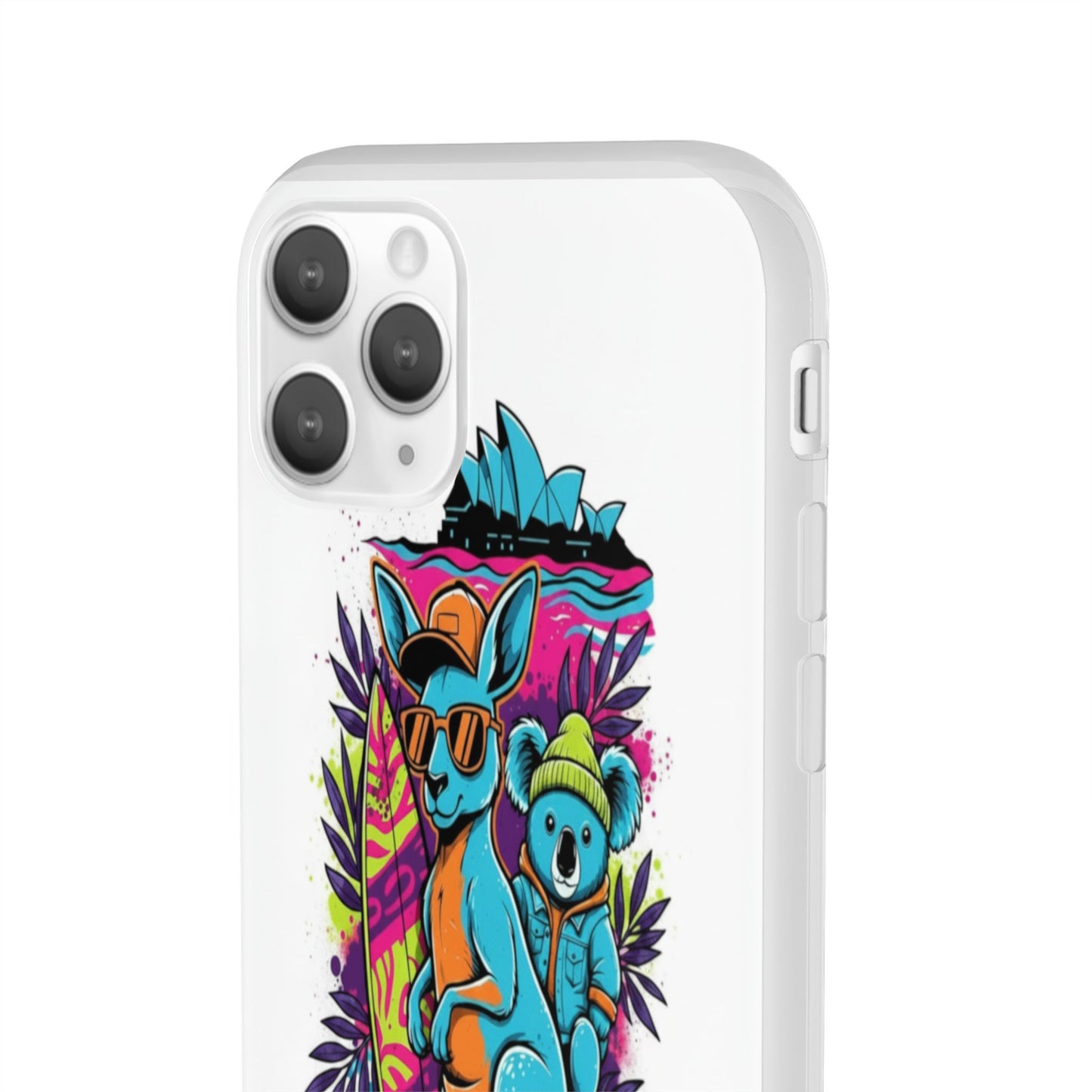 Kangaroo & Koala Surf Phone Case — Neon Aussie Beach Vibes Flexible Case