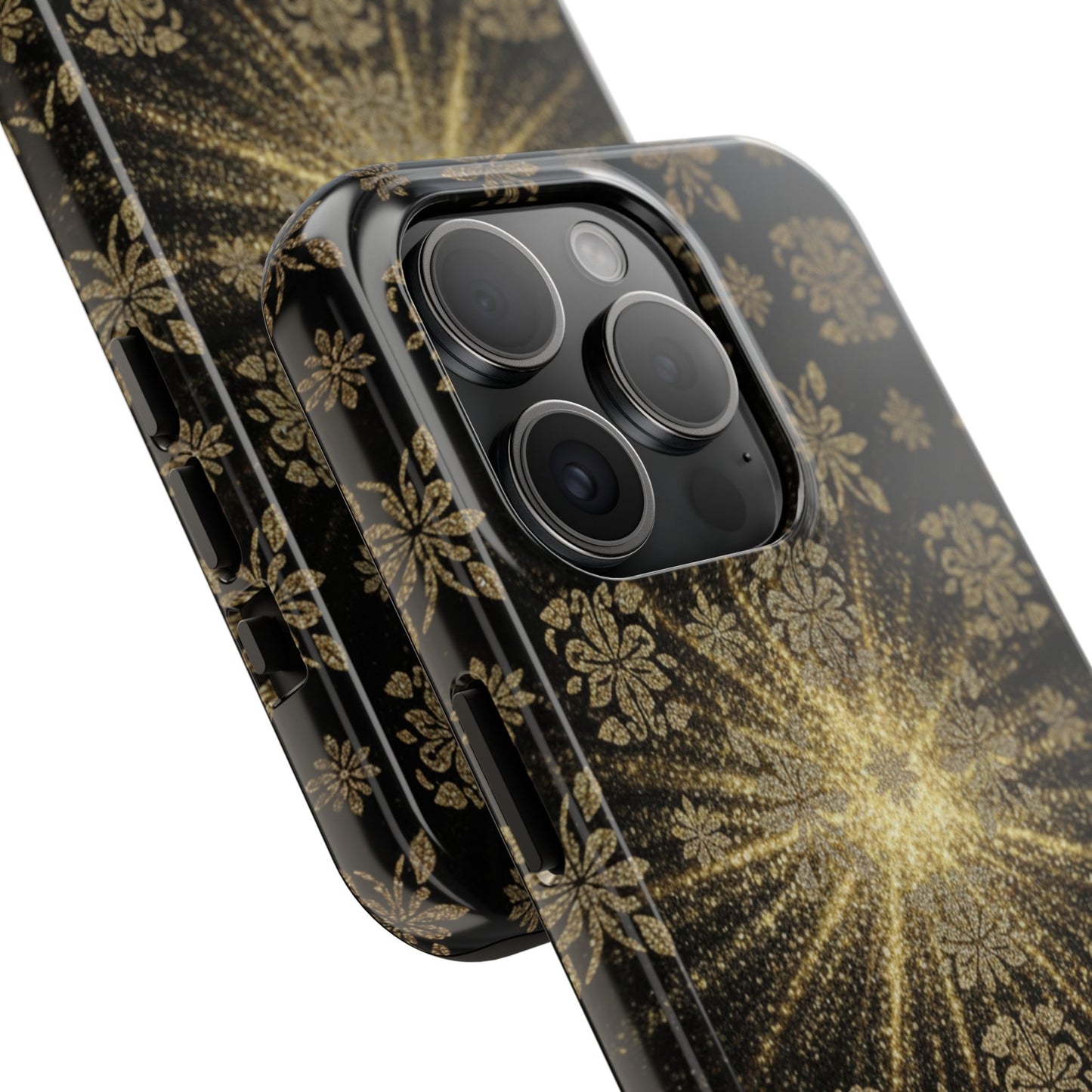 Glitter Burst Tough Phone Case — Black & Gold Floral Protective Cover
