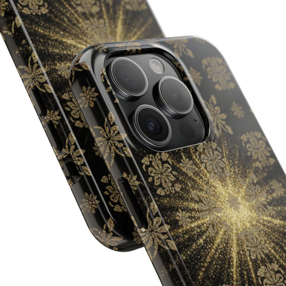 Glitter Burst Tough Phone Case — Black & Gold Floral Protective Cover