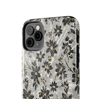 Floral Vintage Tough Phone Case — Black & Gray Rustic Flower Protective Case
