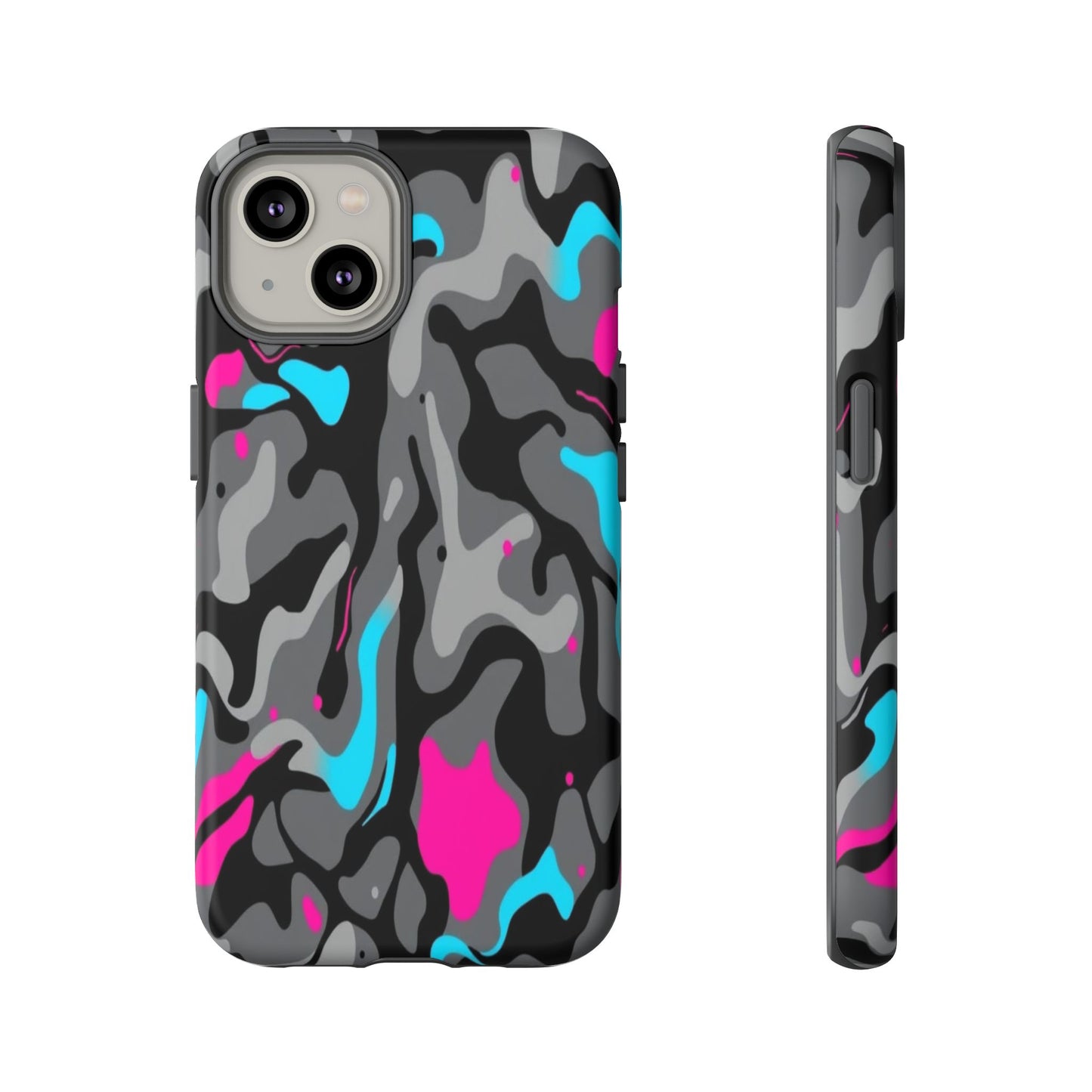 Camouflage Phone Case — Gray Camo with Neon Pink & Cyan Accent Tough Protective Cover