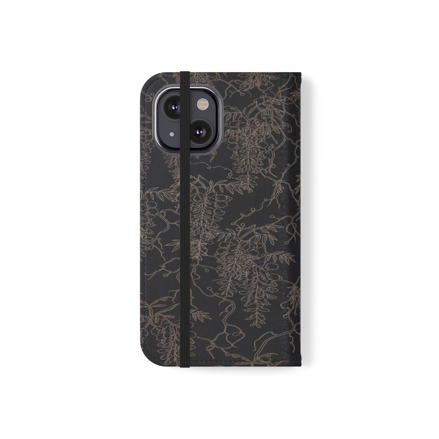 Botanical Noir Flip Phone Case — Dark Floral Wallet Cover with Card Slots
