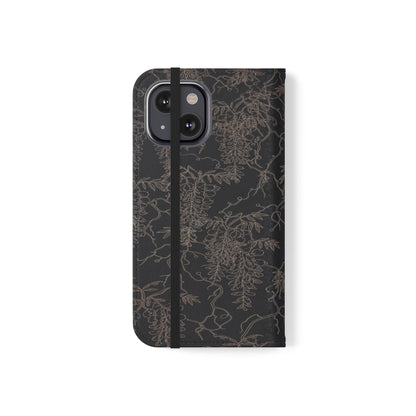 Botanical Noir Flip Phone Case — Dark Floral Wallet Cover with Card Slots
