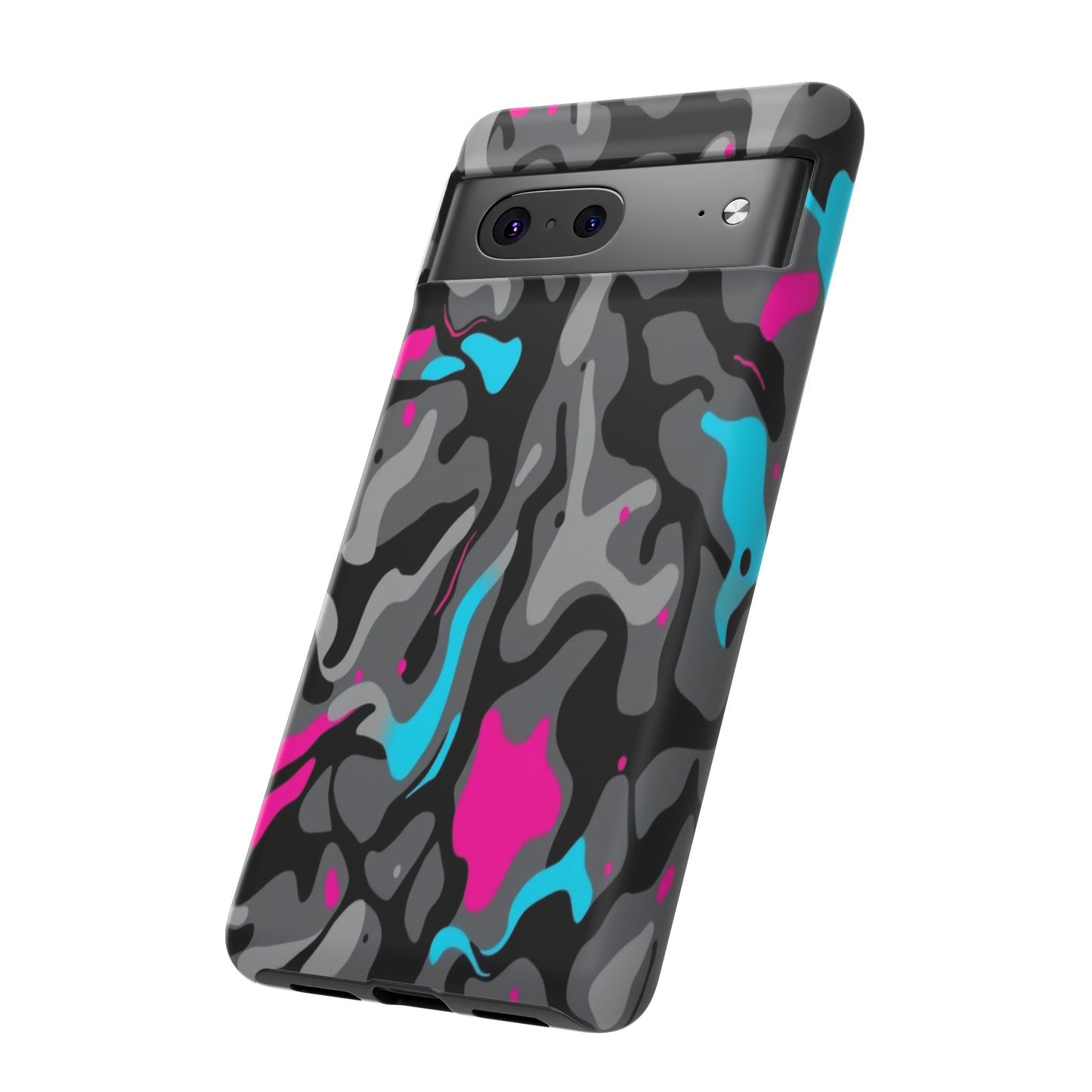 Camouflage Phone Case — Gray Camo with Neon Pink & Cyan Accent Tough Protective Cover