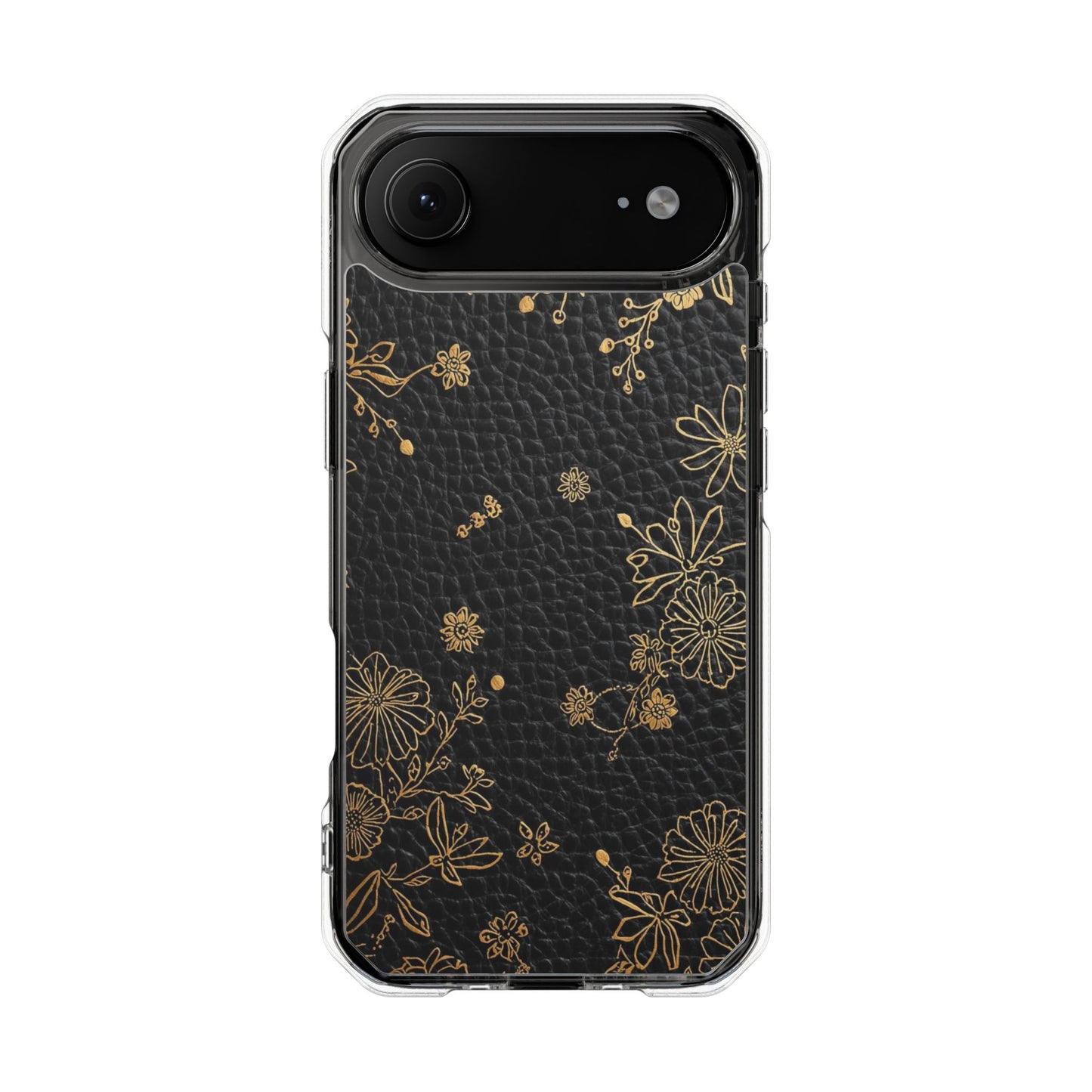 Clear Impact Phone Case — Black Leather Texture with Gold Floral Foil