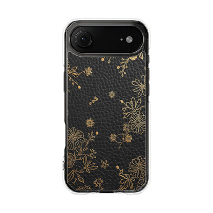 Clear Impact Phone Case — Black Leather Texture with Gold Floral Foil