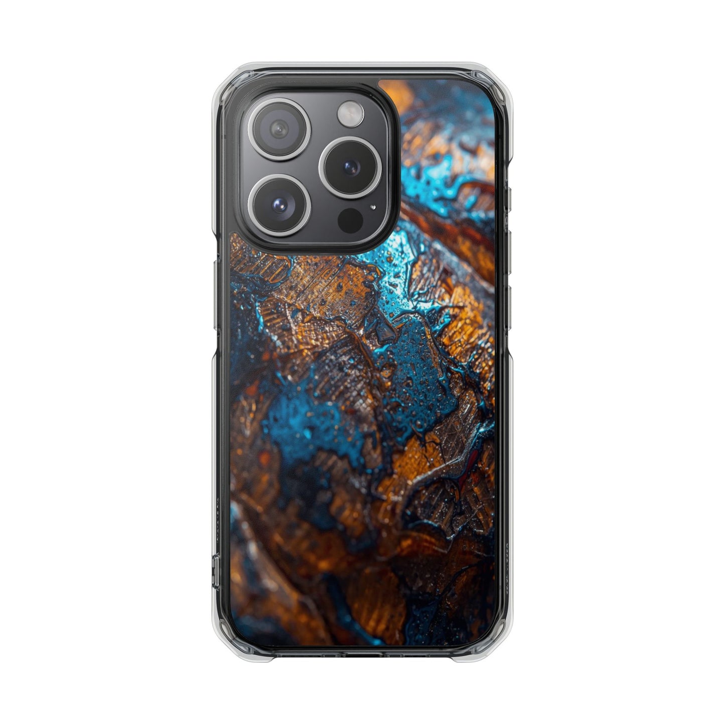 Magnetic Clear Phone Case — Blue & Copper Abstract Tortoise Impact Design