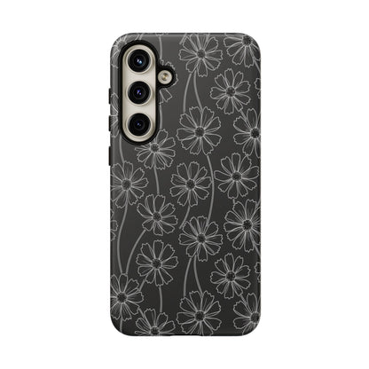 Floral Doodle Tough Phone Case — Black & Gray Daisy Pattern